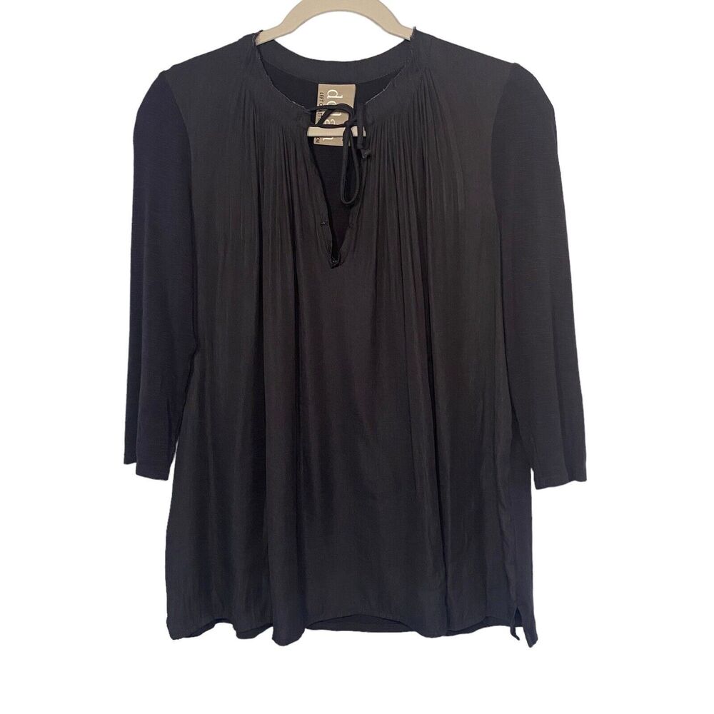 Anthropologie Dolan Womens Lucille V-neck Shirt 3/4 Sleeve Tie Neck Black Size S